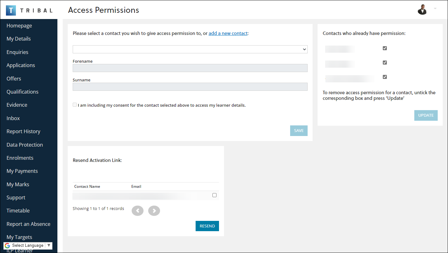 Access Permissions screen